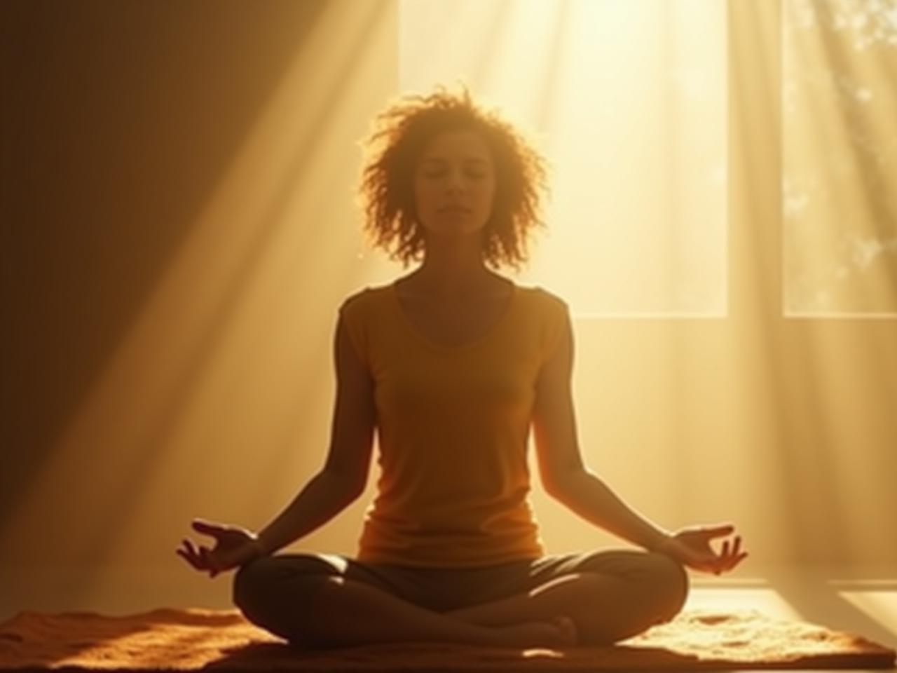 A person meditating with eyes closed and hands resting on their knees, bathed in soft light.