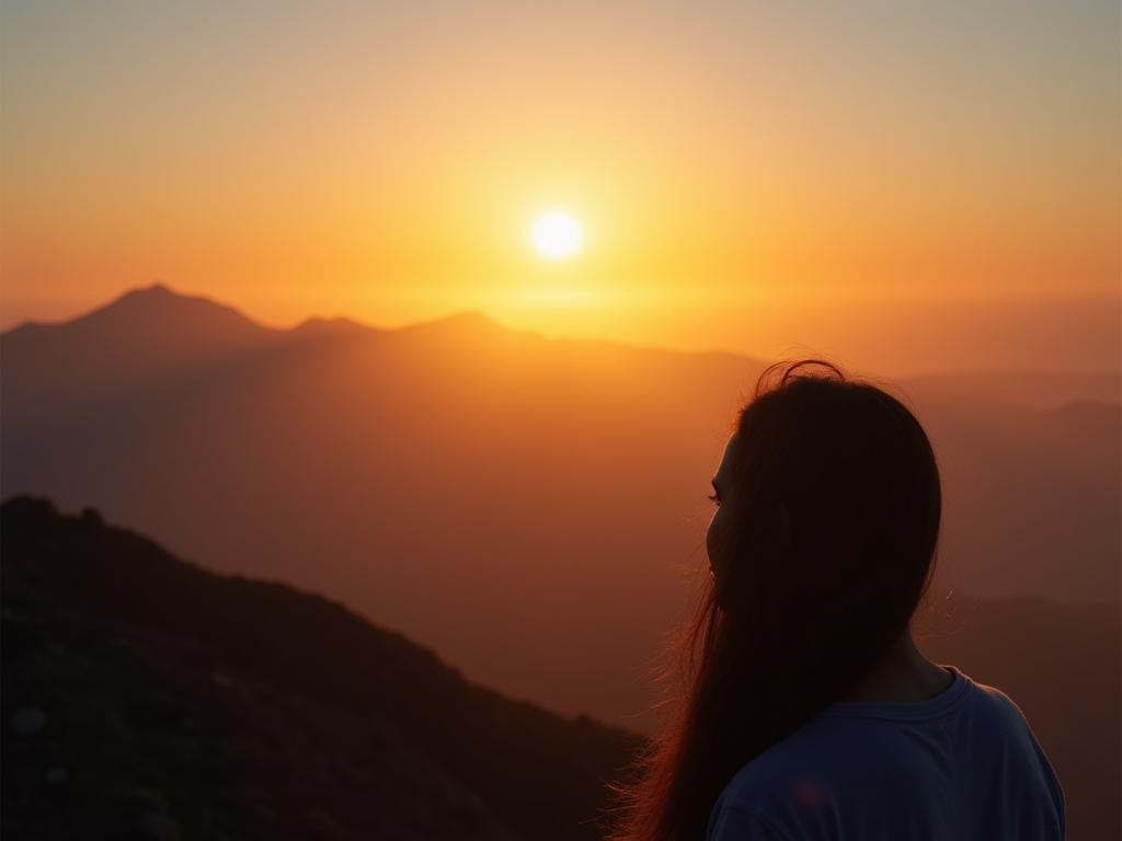 A person looking at a sunrise over a mountain range, symbolizing hope and resilience in the face of adversity. The title Tragic Optimism: Finding Meaning in Suffering is subtly incorporated into the image.
