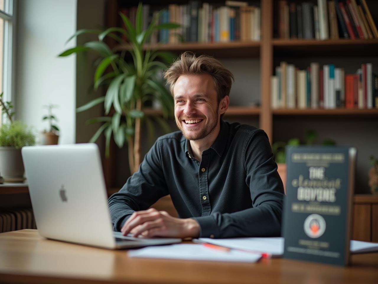 A person sitting at a desk, looking energized and inspired while working on a project, with a copy of Ken Robinsons The Element in the background.