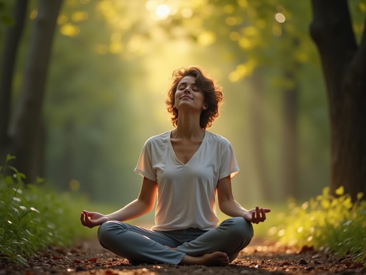 A person sitting in a relaxed meditative pose, eyes closed, surrounded by a calming natural environment.
