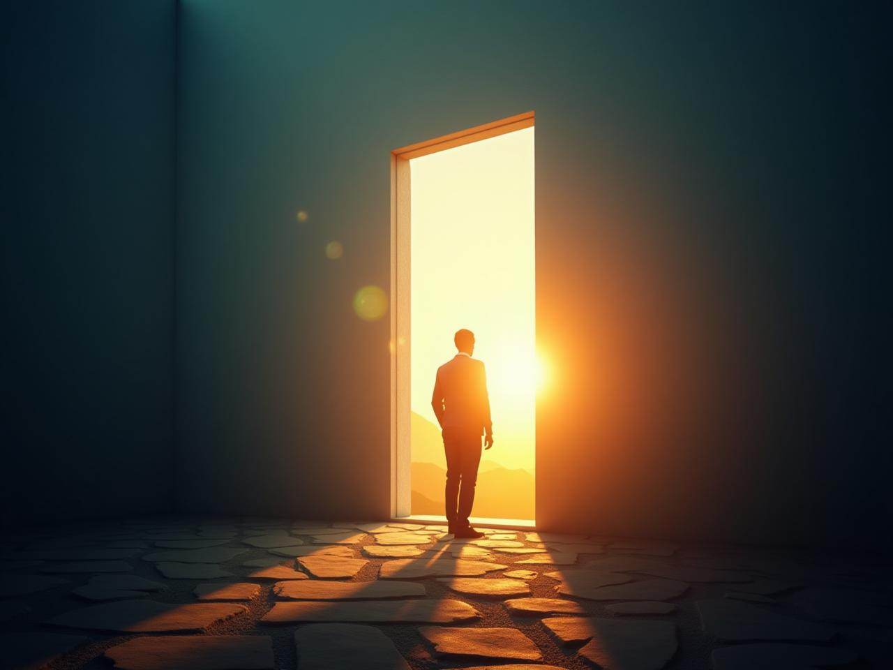 Abstract image of a person stepping through a doorway into a brightly lit landscape, symbolizing breaking through boundaries and entering a new zone of potential.
