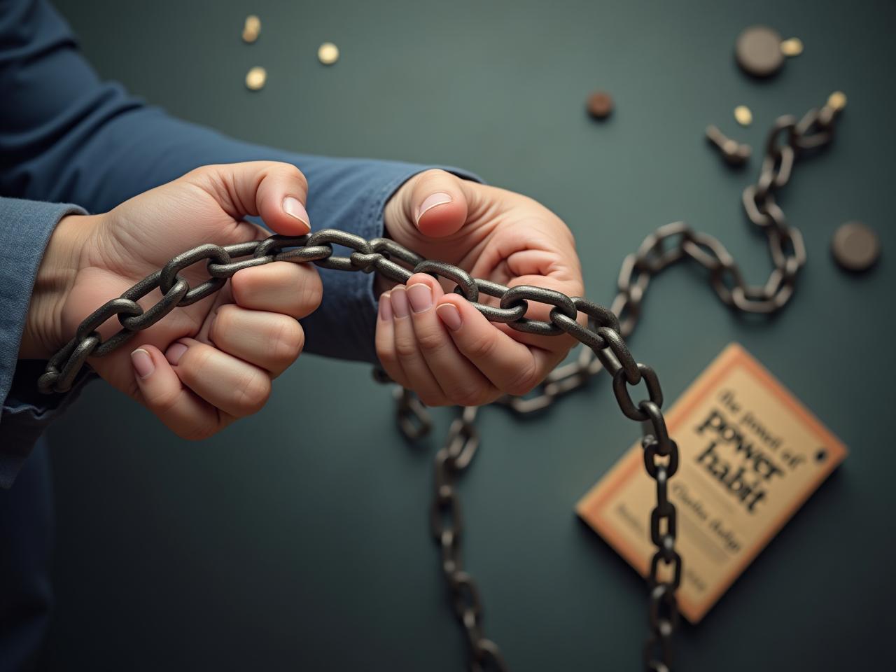 A person breaking free from chains, symbolizing breaking free from bad habits. The image also features a book in the background, subtly referencing The Power of Habit by Charles Duhigg.