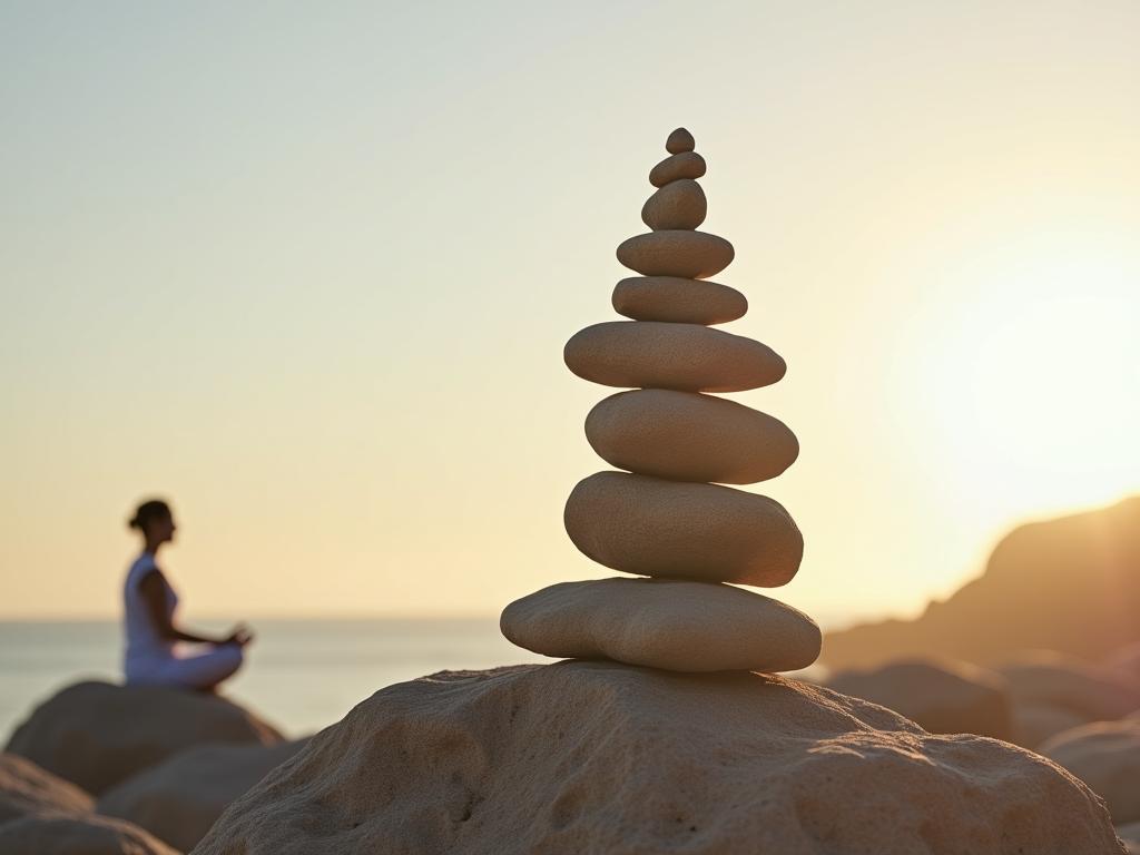 A balanced stone tower with a person meditating in the background, symbolizing focus and creativity.