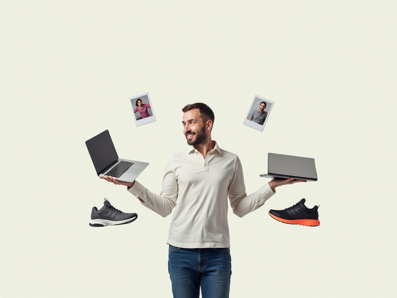 A person juggling work-related items and personal life items, representing the challenge of work-life balance, with a laptop, family picture, and fitness equipment visible in the image.