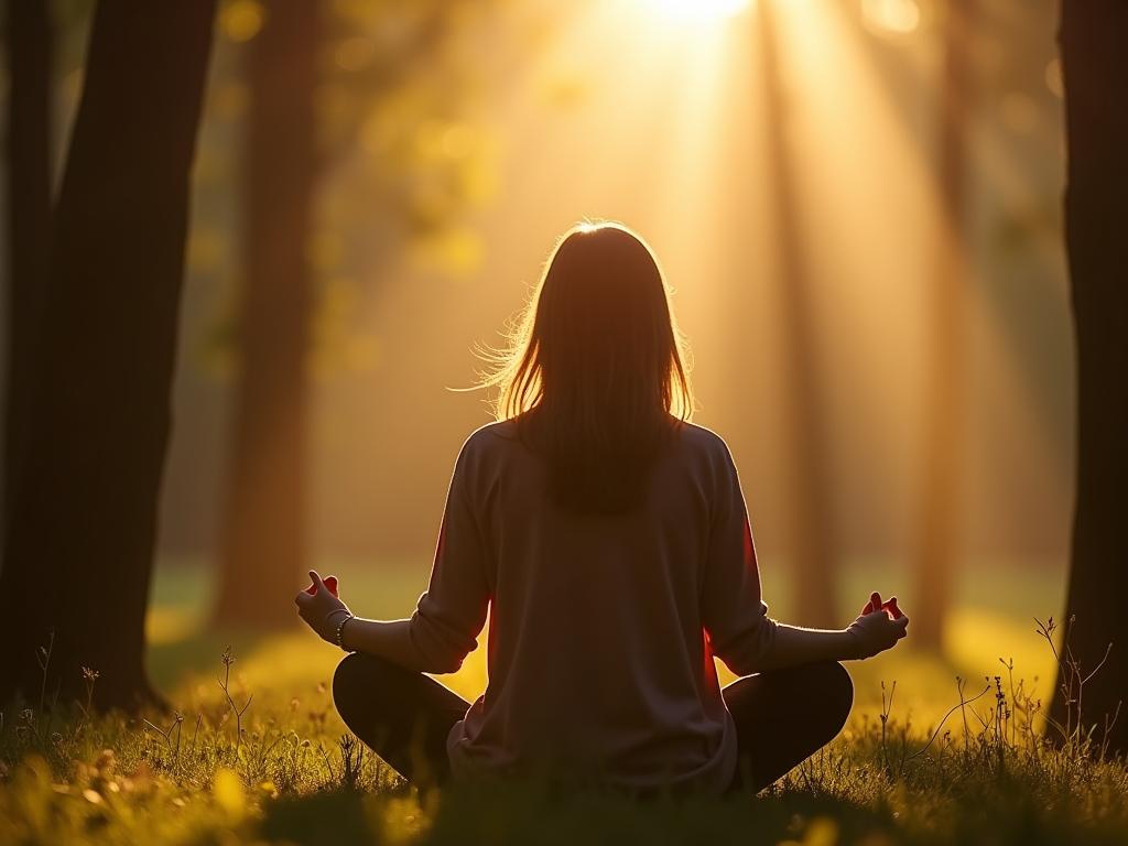 A person meditating in a peaceful setting, with sunlight streaming through the trees. The image symbolizes emotional resilience and inner peace.