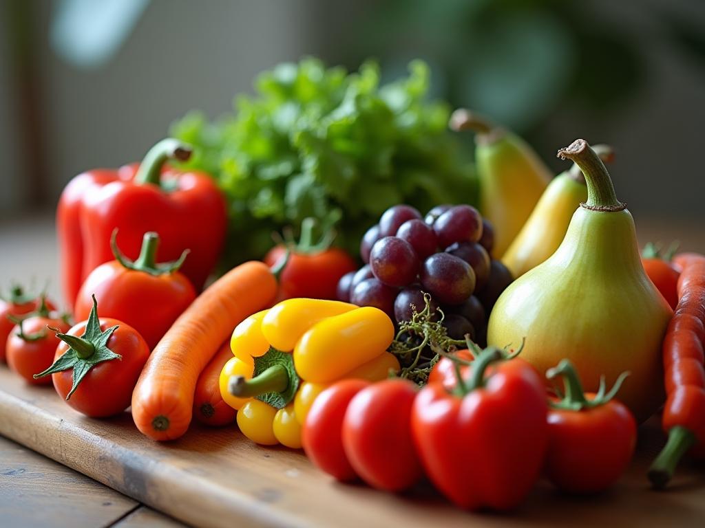 Close-up shot of colorful vegetables and fruits on a wooden table, symbolizing a balanced and healthy diet. Keywords: hormonal balance, whole body, Mark Hyman, healthy lifestyle, balanced diet.