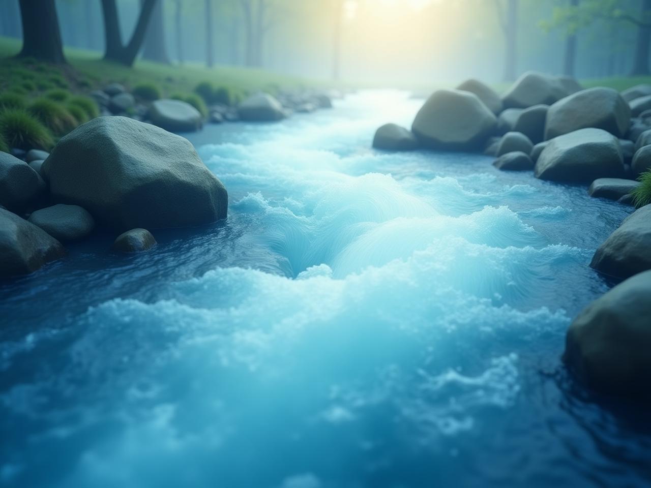 Abstract image of a flowing river, symbolizing the concept of flow as described in Mihaly Csikszentmihalyis book, with keywords like happiness, personal growth, and self-improvement subtly incorporated.