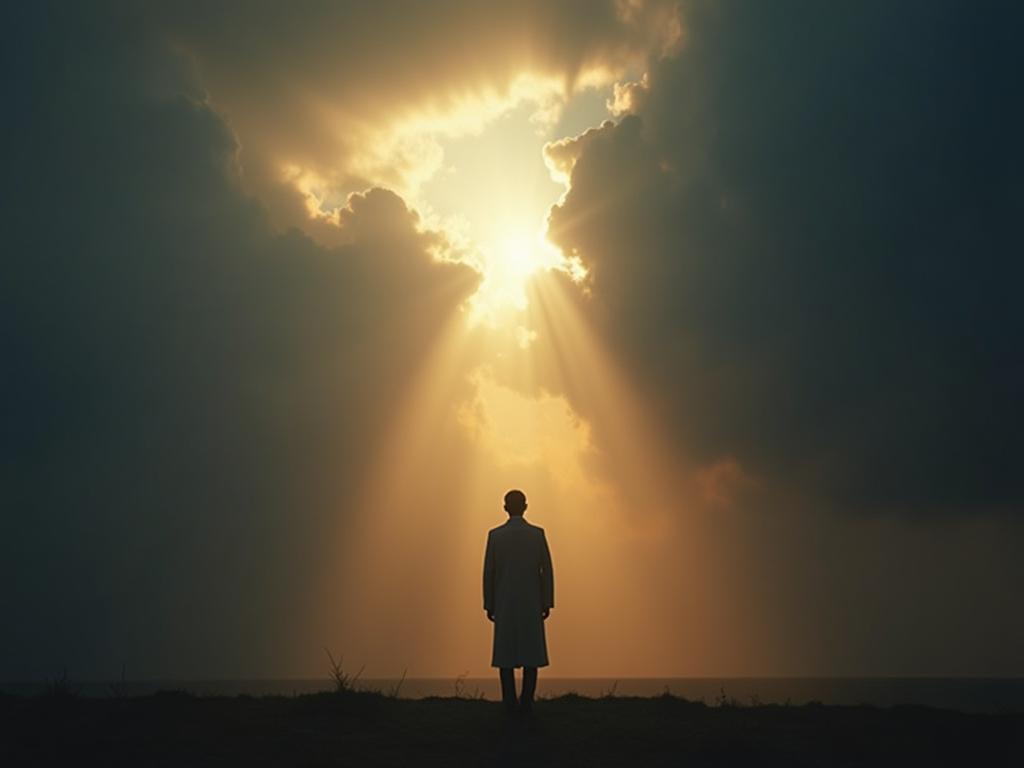 An image representing a person overcoming a dark cloud with sunlight shining through.