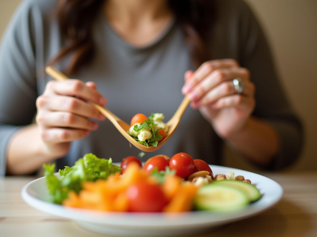A person mindfully eating a colourful and balanced meal. The focus is on the enjoyment and appreciation of the food.