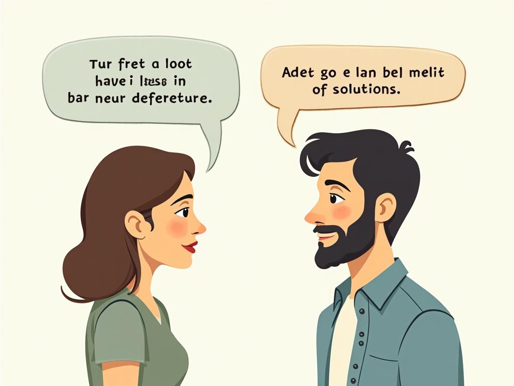 A couple talking, with overlapping speech bubbles showing different communication styles. Womans bubble emphasizes connection and emotion, mans bubble emphasizes facts and solutions.