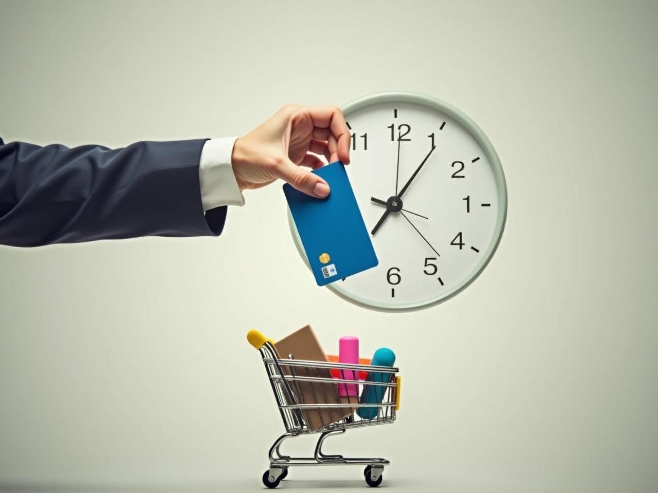 A hand holding a credit card hesitates above a shopping cart filled with items. A clock with the number 30 prominently displayed overlays the scene, representing the 30-day waiting period.