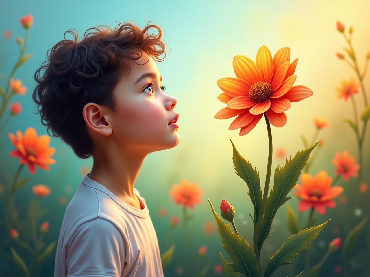 A person looking curiously at a blooming flower with a colorful and whimsical background, symbolizing the pursuit of curiosity and creativity.