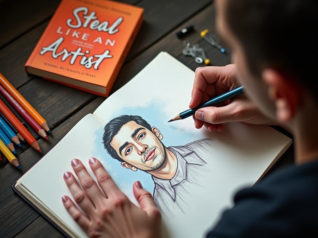 A person sketching in a notebook with colorful pencils and a book titled Steal Like an Artist nearby. The scene evokes creativity, inspiration, and learning through imitation.