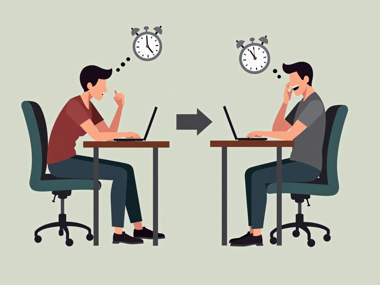 Person sitting at a desk with a notebook, looking stressed, but then transitioning to a calm and focused expression after using a timer for worry time. The image aims to visually represent the transformation from anxiety to productivity using the Freedom From Worry Technique from The Big Leap by Gay Hendricks.