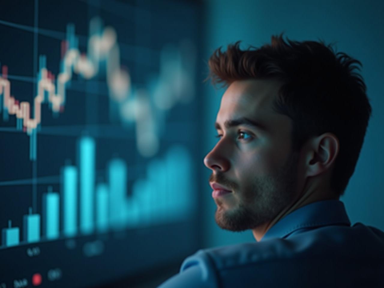 A person looking at a graph showing market fluctuations, but remaining calm and focused, representing the concept of probabilistic thinking in finance.