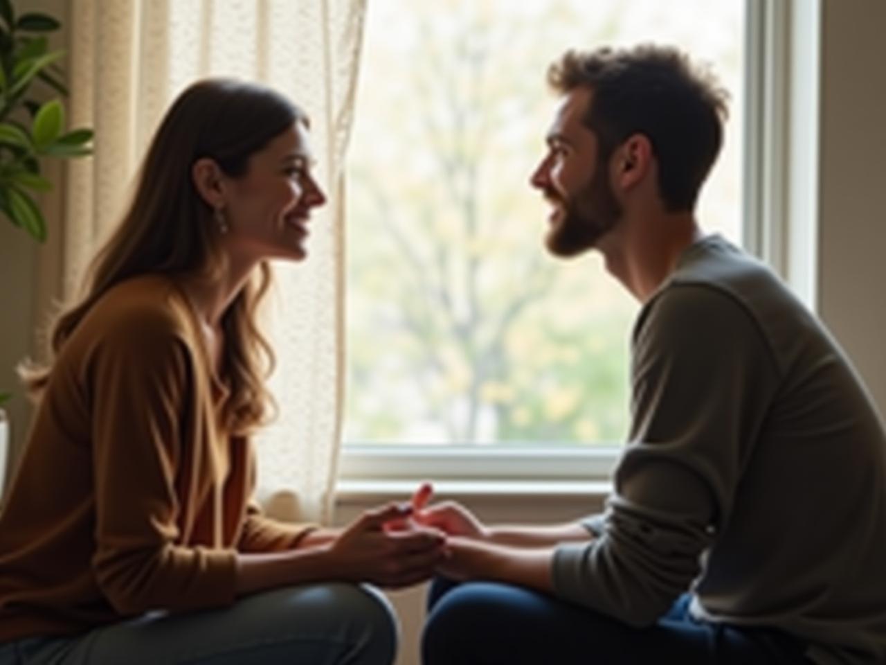 Two people sitting face to face in a relaxed setting, listening attentively to each other, conveying empathy and understanding. The image represents communication and connection.