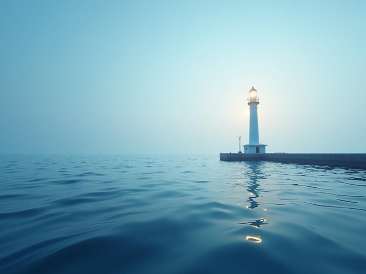 A calm ocean scene with a lighthouse in the background, symbolizing stability and guidance during times of change. Keywords: lighthouse, ocean, stability, guidance, change, safe harbor.