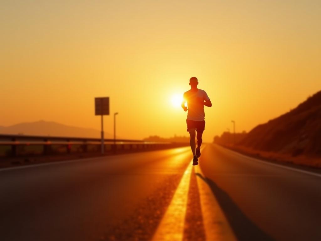 A person running on a road at sunrise, symbolizing the commitment to self-improvement.