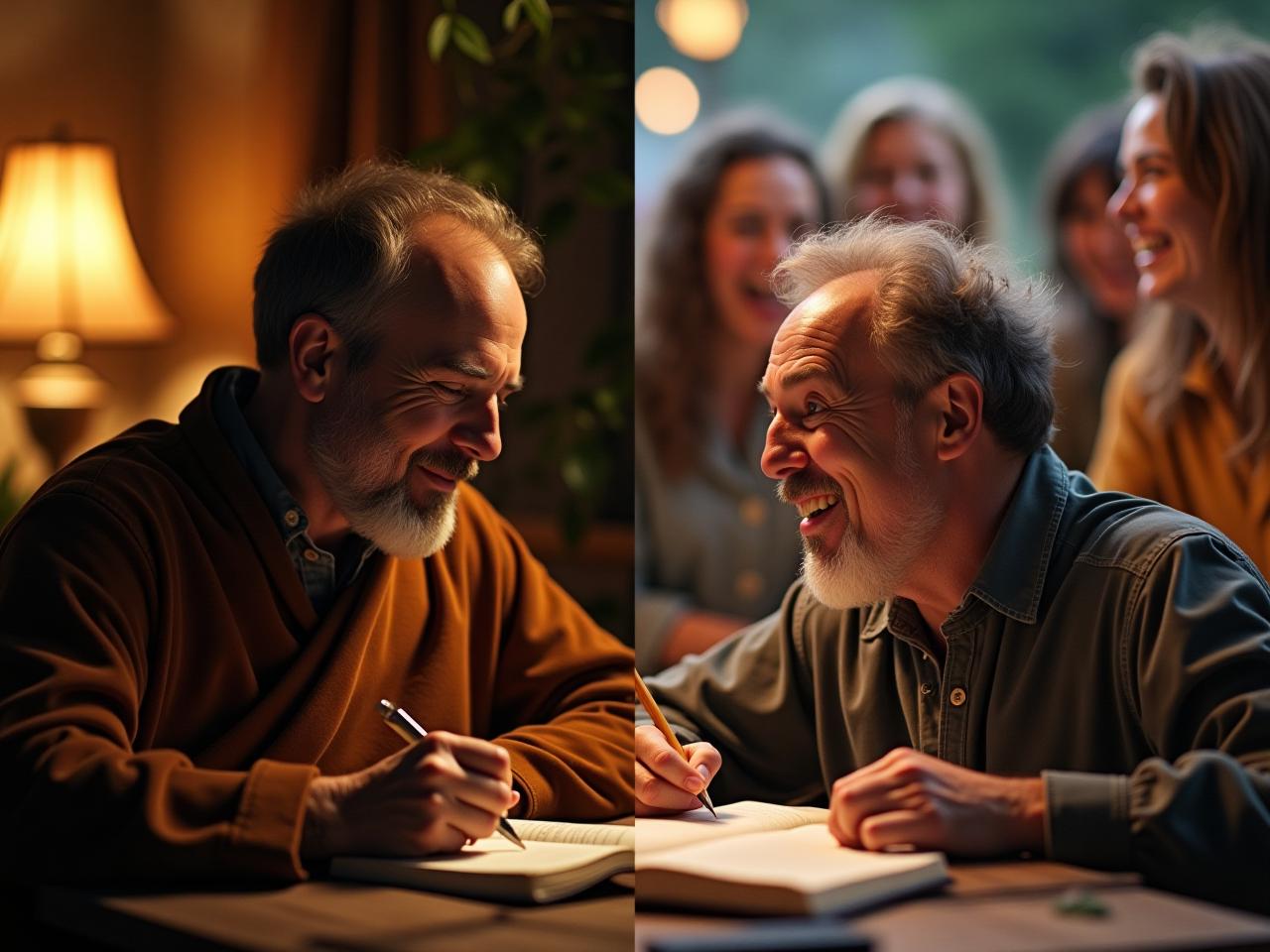 A split image showing a person deeply focused on writing in a quiet, cozy room on one side (representing monk hours) and the same person laughing and surrounded by friends at a lively gathering on the other side (representing clown hours).