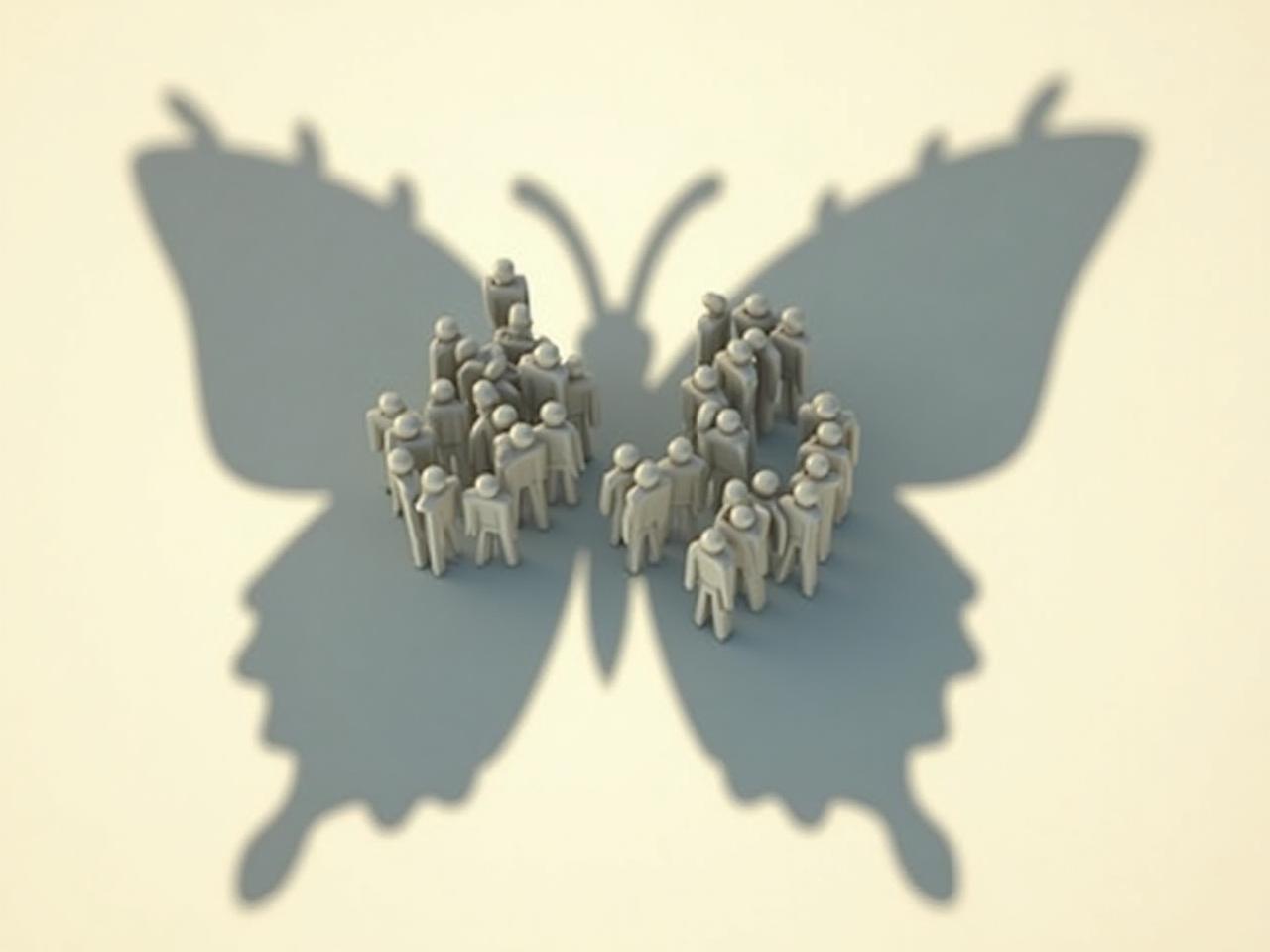 A group of people standing close together, casting a single, large shadow shaped like a butterfly. Represents the idea that small actions can have a big impact.