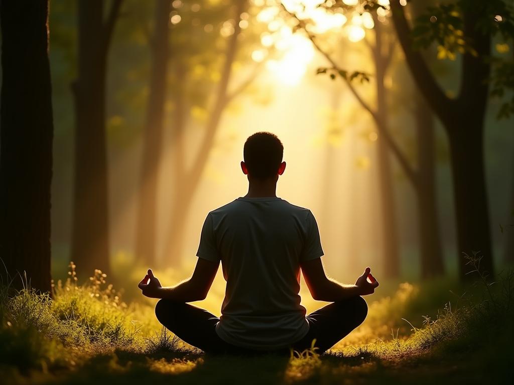 A person meditating in nature, surrounded by trees, with sunlight streaming through the leaves. The image represents inner peace, self-awareness, and the journey towards conscious leadership. Keywords: leadership, mindfulness, meditation, self-awareness, conscious leadership, nature.