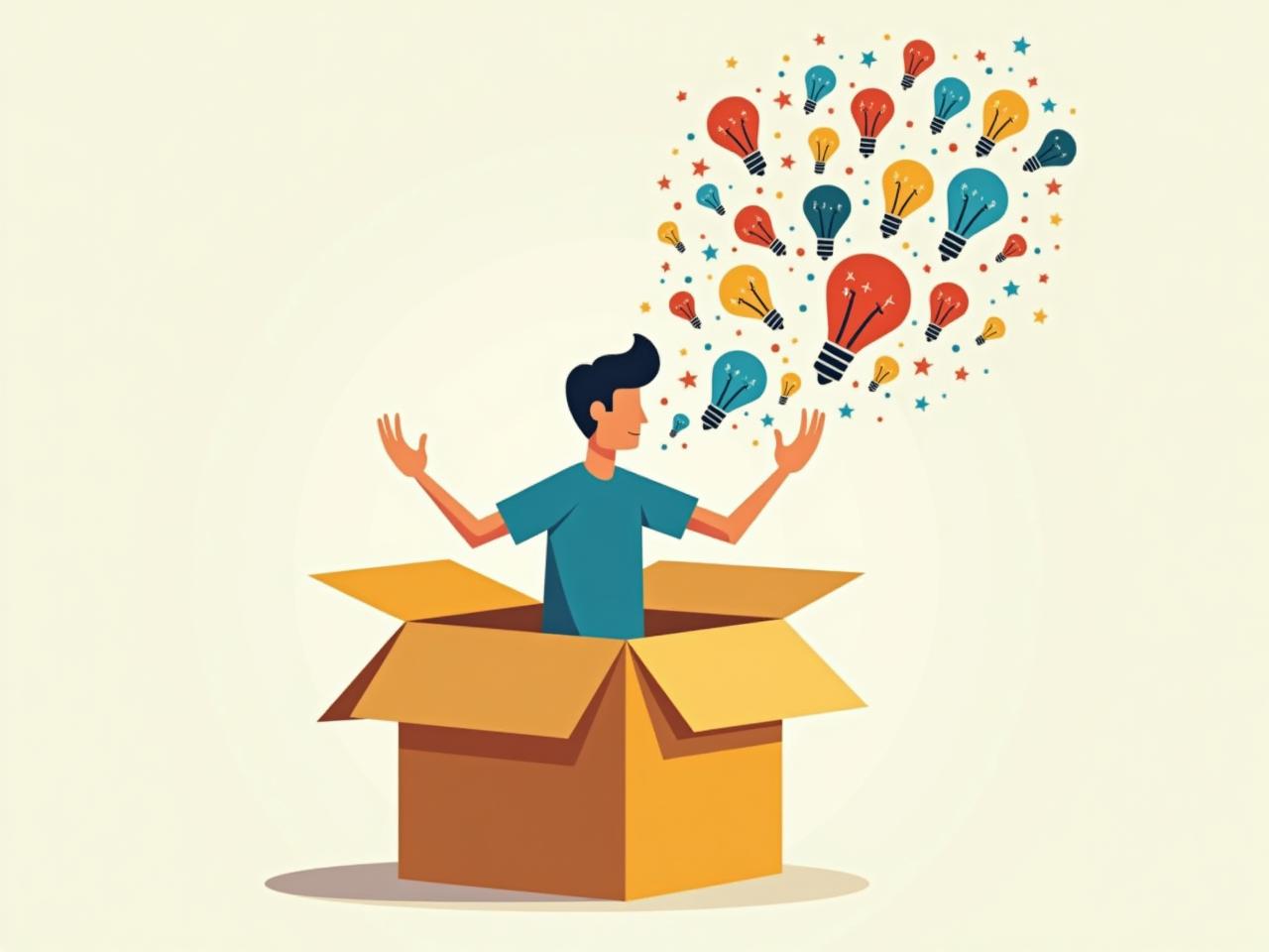 A person breaking out of a box with colorful and creative ideas flowing out, symbolizing lateral thinking and problem-solving.