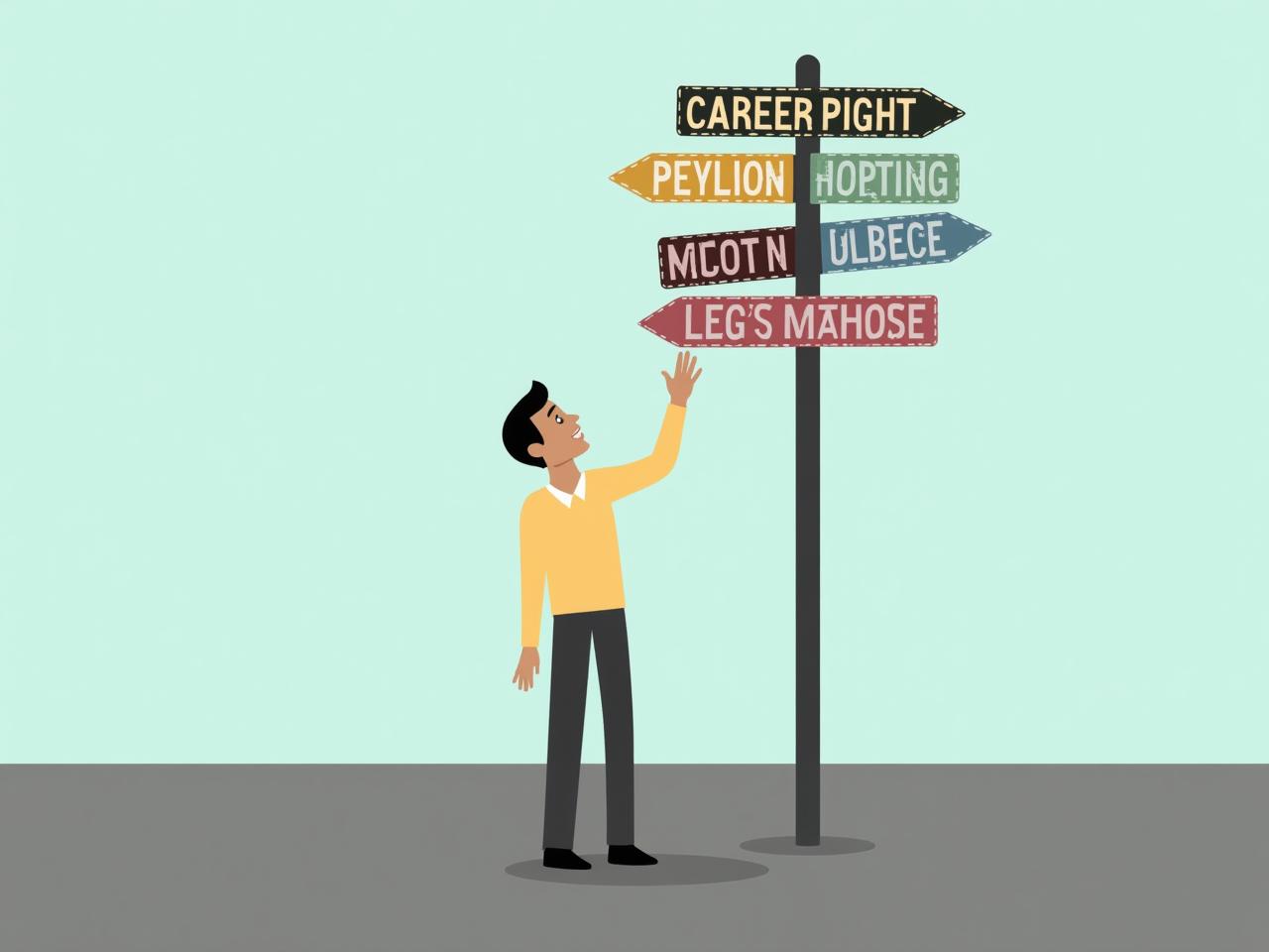Person standing at a crossroads sign with signs pointing to different career paths, symbolizing the search for purpose and direction.