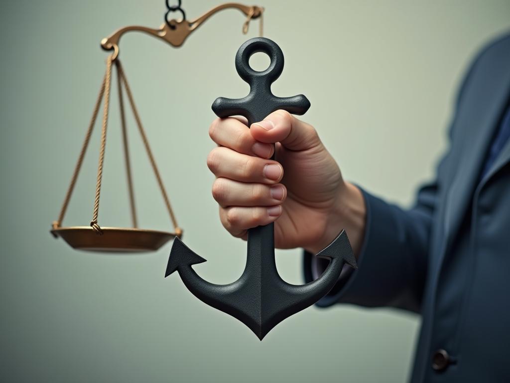 A hand holding an anchor with a scale in the background, representing the anchoring bias in decision making. Keywords: anchoring bias, decision making, psychology, negotiation.