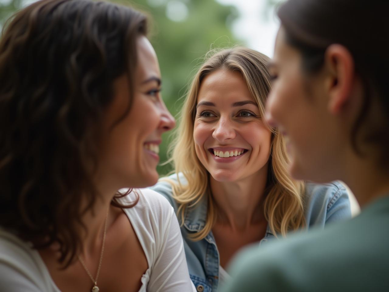 A woman smiling warmly while listening empathetically to another person. Keywords: Nonviolent Communication, vulnerability, empathy, human connection.