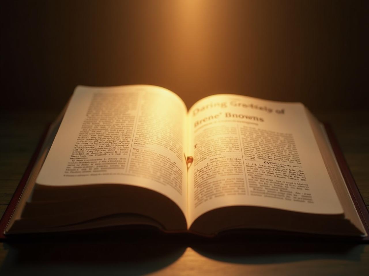An open book with the title Daring Greatly by Brené Brown, with a warm light shining on it, symbolizing vulnerability and courage.