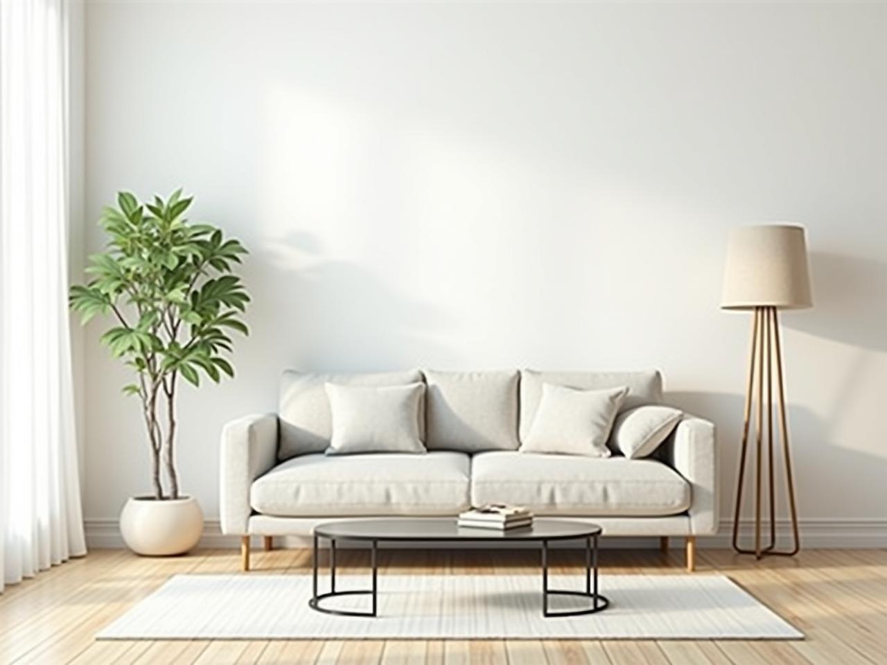 A minimalist living room with a comfortable couch, a plant, and a clear coffee table, representing the concept of living with less.