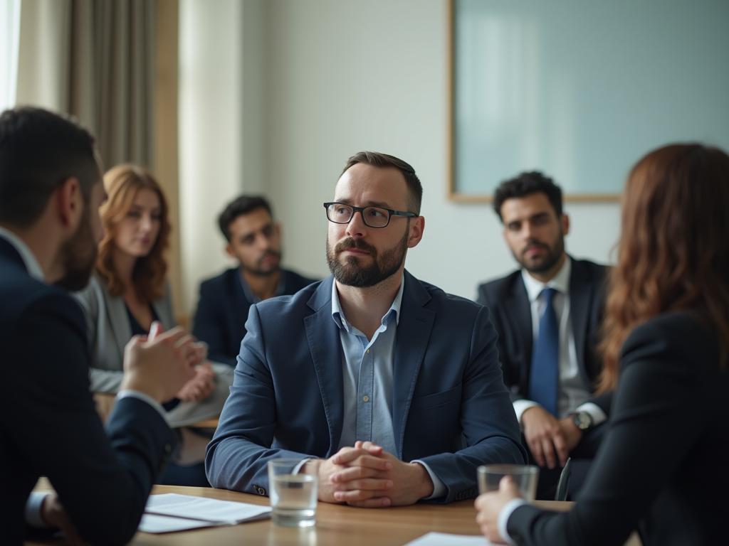 A person sitting calmly in a meeting, noticing subtle signs of tension among colleagues, using emotional intelligence to address the conflict constructively.