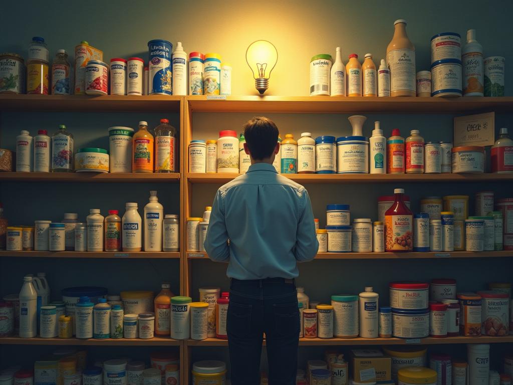 A person standing overwhelmed in front of a shelf full of options, with a lightbulb above their head representing a moment of realization.