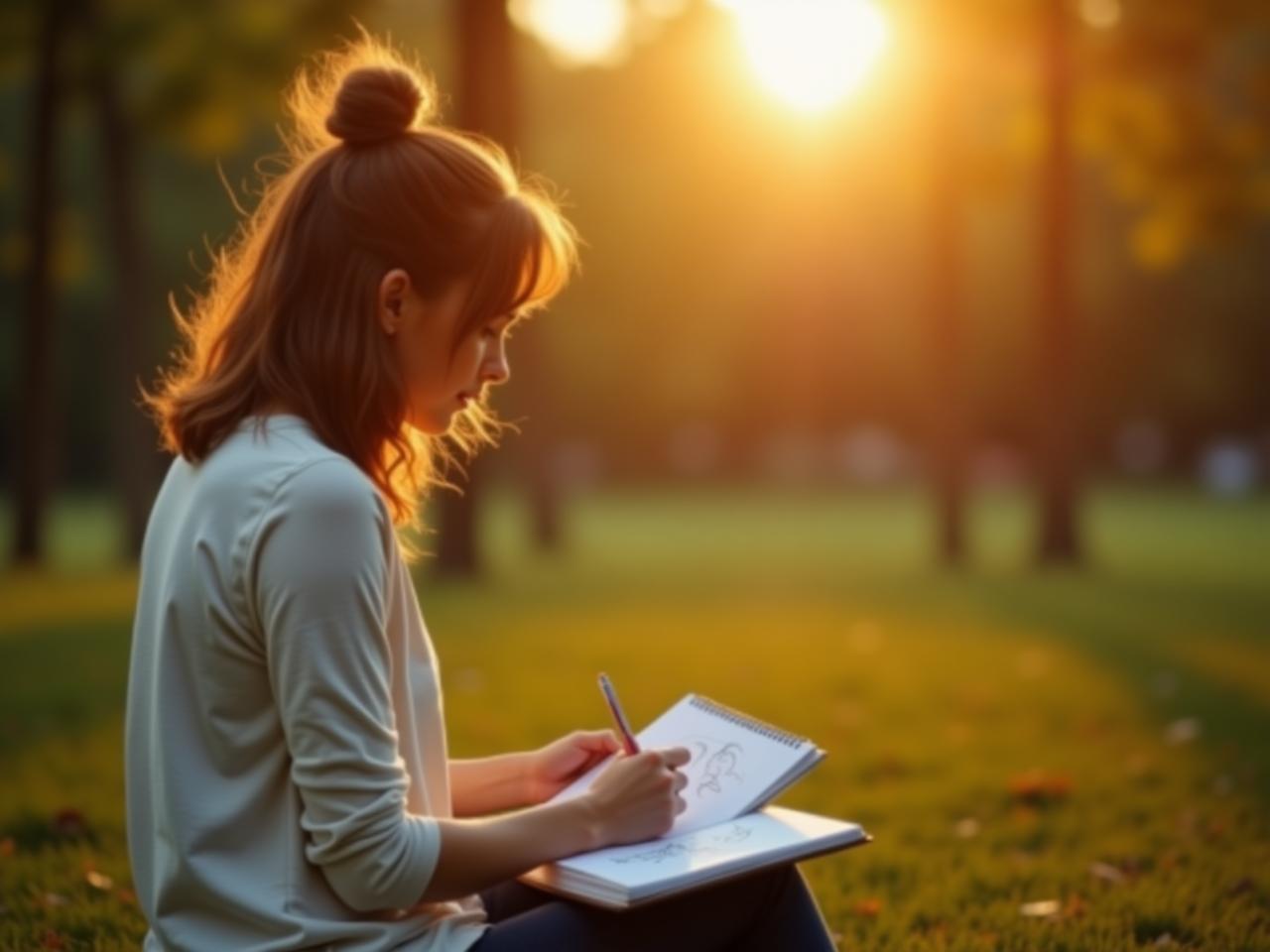 A person sitting in a park, sketching in a notebook, with a warm, sunny background. The image conveys a sense of peacefulness and creativity. Keywords: Simple living, creativity, art, minimalism, park, nature, sketchbook, drawing.