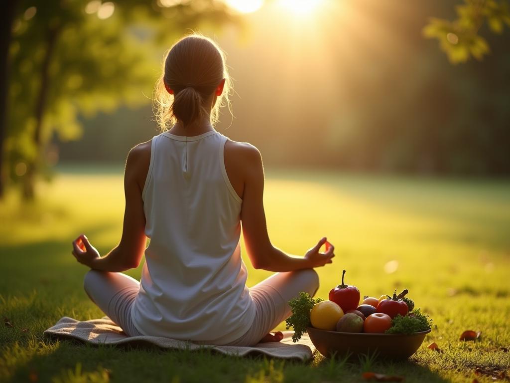 A serene image of a person meditating in nature with a bowl of fresh fruits and vegetables beside them. Keywords: Meditation, healthy eating, stress relief, Deepak Chopra, mindfulness.