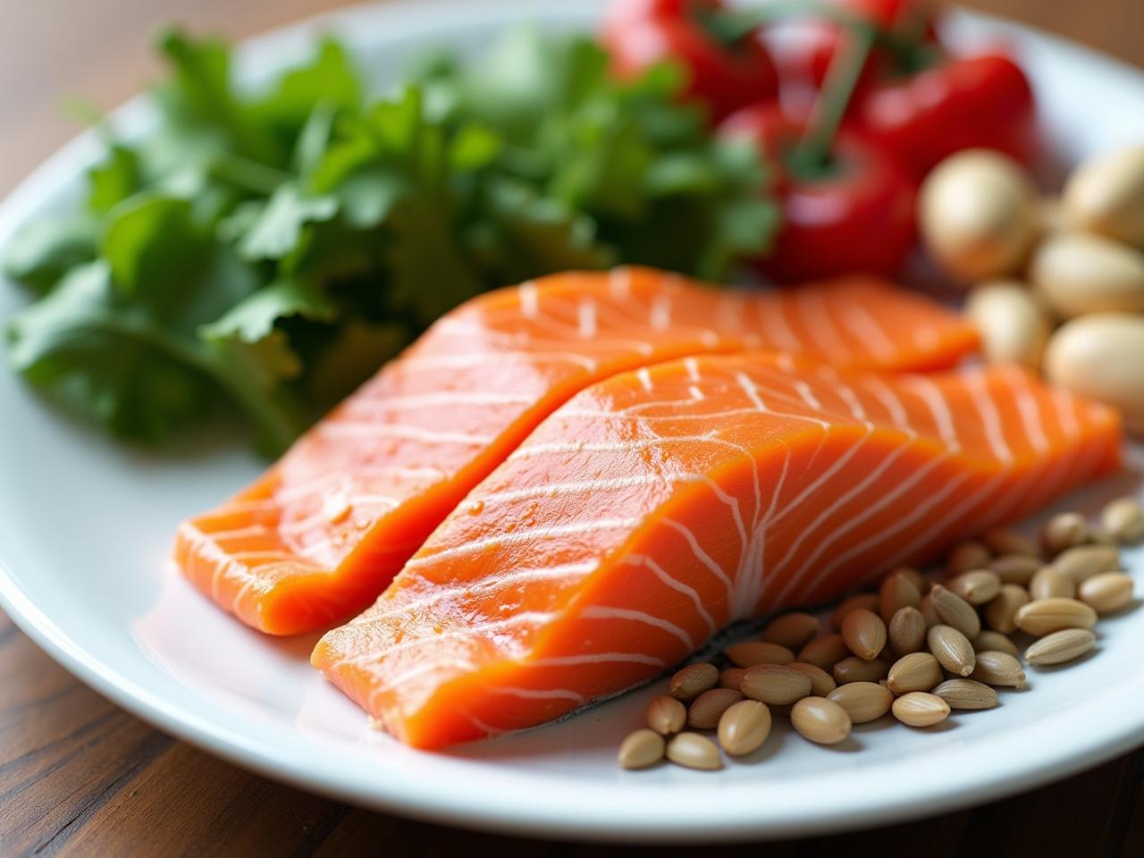 Healthy food plate with salmon, vegetables, nuts and seeds - ingredients recommended in The Whole Body Guide