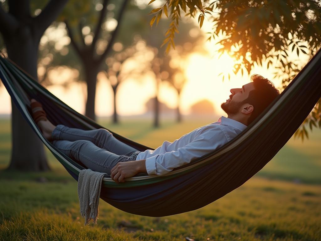 Person relaxing in a hammock under trees, representing rest and energy replenishment. Alternativly, a person planning their day in a calendar, allocating tasks to different times based on their energy levels.