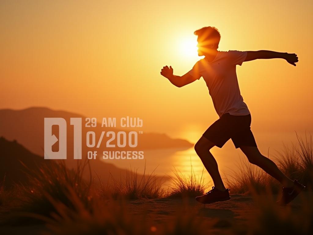 An image showing a person exercising outdoors during sunrise, with text overlaying The 5 AM Club - 202020 Formula for Success