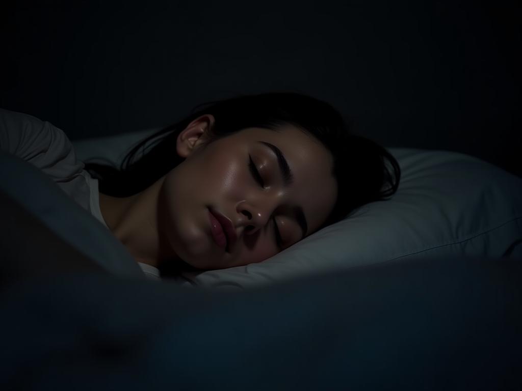 Woman sleeping peacefully in a dark, quiet bedroom with soft lighting. The image emphasizes relaxation and tranquility for good sleep.