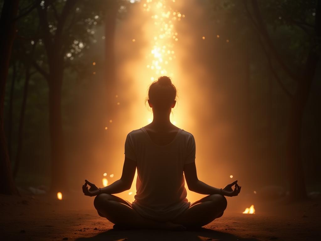 A person meditating in a peaceful environment, visualizing healing light flowing through their body. The image should convey serenity and empowerment.