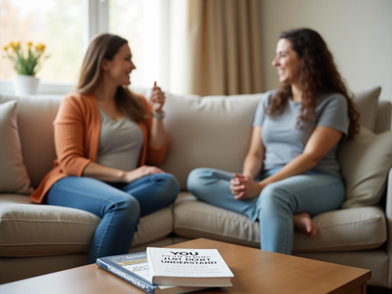A couple sitting on a couch, facing each other and talking, with a book titled You Just Dont Understand by Deborah Tannen on the coffee table.