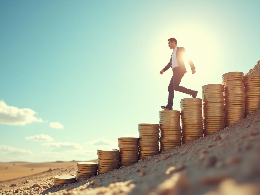 Image of a person climbing a staircase made of coins, symbolizing the path to financial freedom. The sky is the limit.