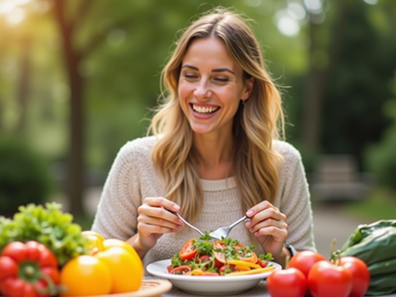 A woman smiling and enjoying a healthy meal outdoors, surrounded by fresh produce. The image represents freedom from dieting and intuitive eating.