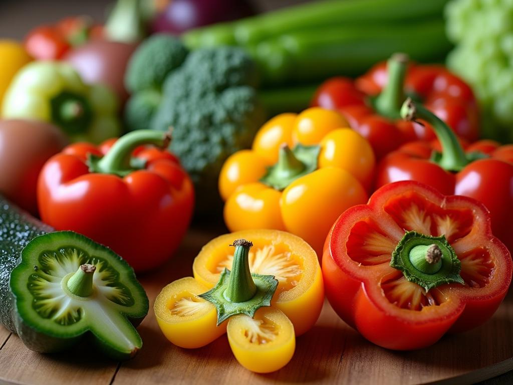 Close-up of a variety of colorful, fresh vegetables arranged artfully on a wooden table, some cut open to reveal their textures. No visible oil is present. The focus is on whole, unprocessed plant foods. Keywords: fresh vegetables, plant-based diet, oil-free cooking, healthy eating.