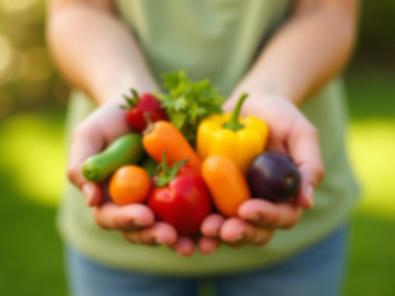 Close up of a persons hands holding a variety of colorful, healthy foods, like fruits and vegetables, with a blurred background of a sunny garden.