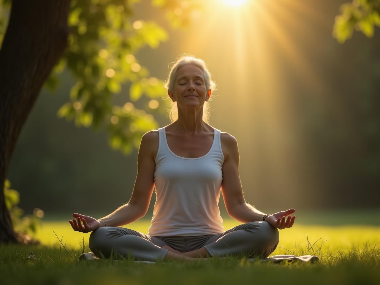 A person meditating peacefully in nature, with a serene expression. Keywords: mindfulness, meditation, nature, peace, jack kornfield, non-judgment.