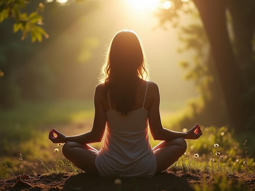 A person meditating in nature, representing emotional awareness and control.