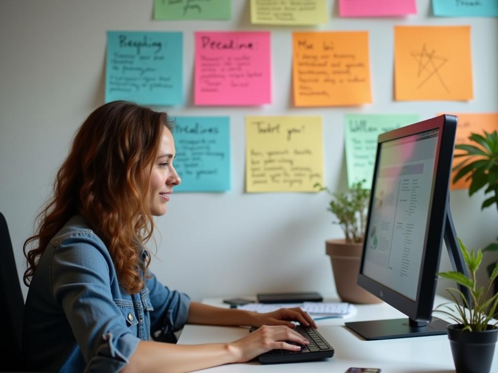 Woman working at a computer with colorful sticky notes, illustrating the Double Deadline method from Robin Sharmas The 5 AM Club, which enhances productivity.