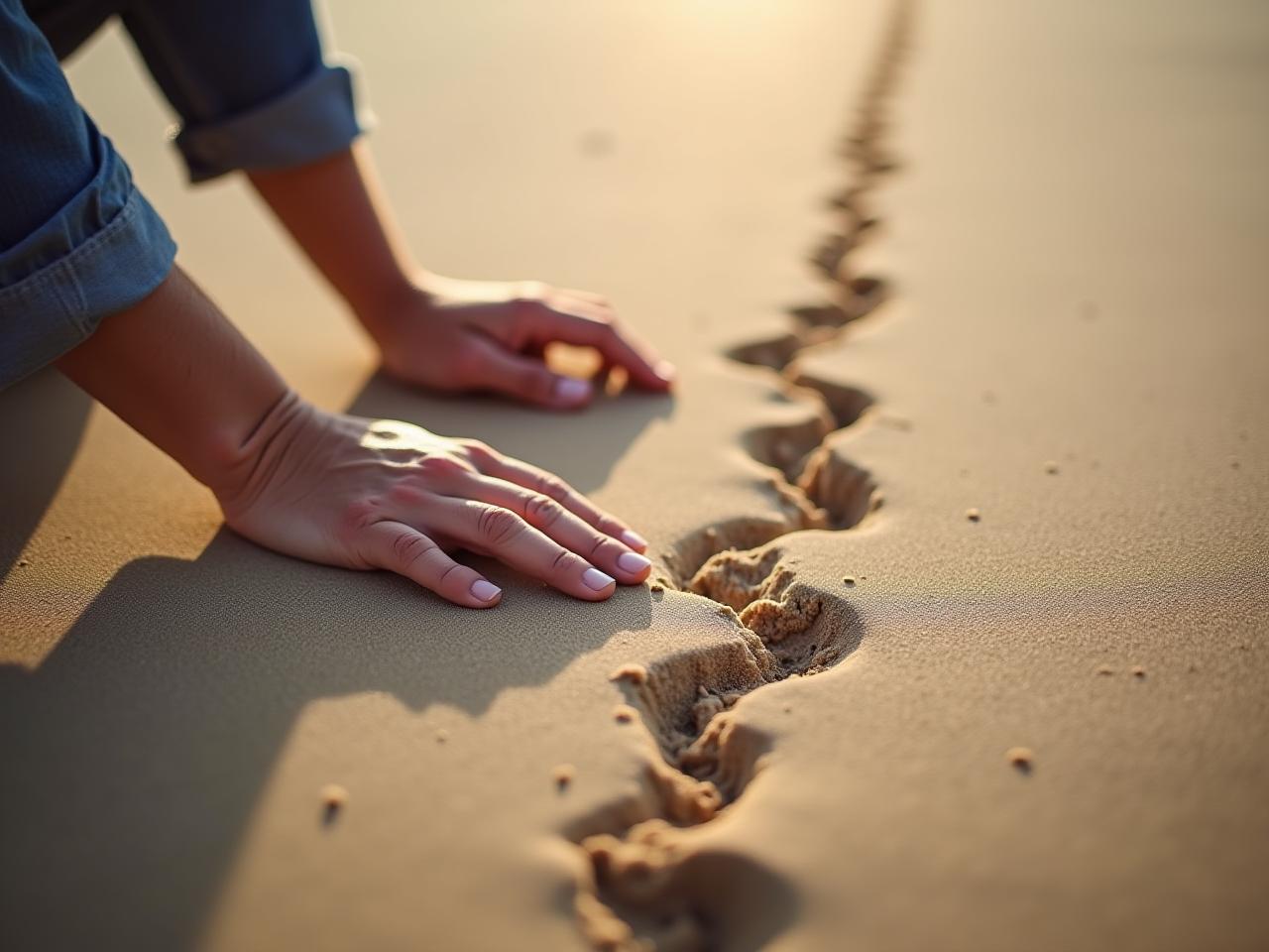 A person gently drawing a line in the sand, symbolizing setting personal boundaries.