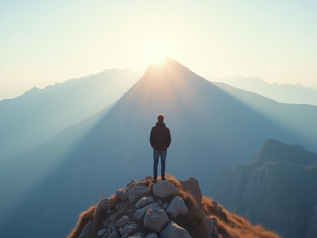 A person looking at a mountain peak, symbolizing achieving personal goals and success.
